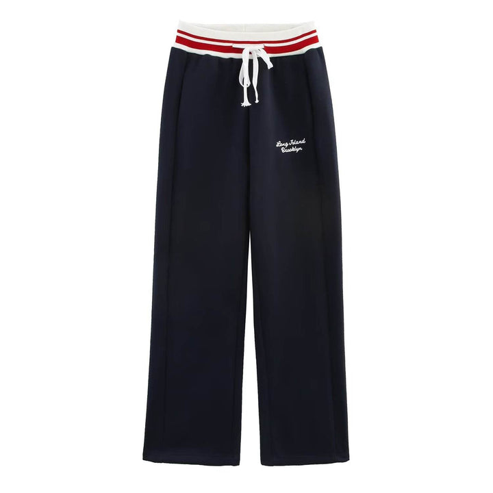 Alaina Navy Blue Drawstring Waist Letter Embroidery Long Pants Trouser