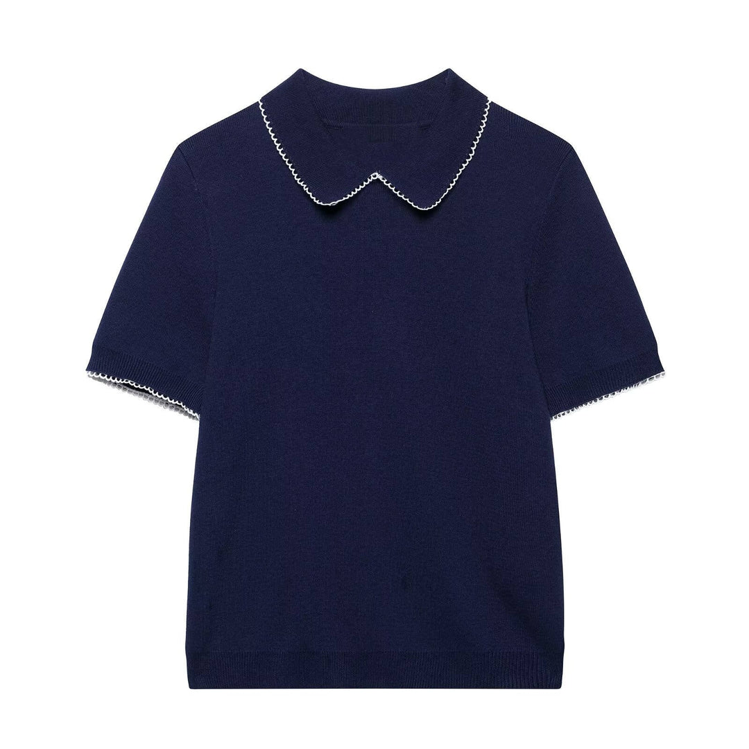 Antonella Navy Blue Short-Sleeved  Knitted Top