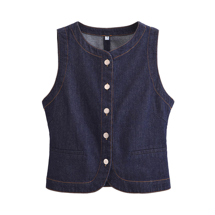 Madilyn Denim Blue  Buttons Up Casual Vest Top