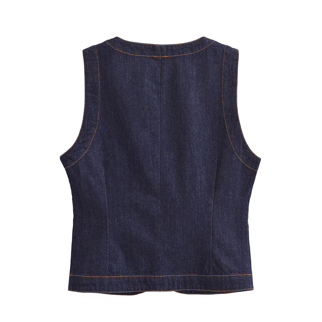 Madilyn Denim Blue  Buttons Up Casual Vest Top