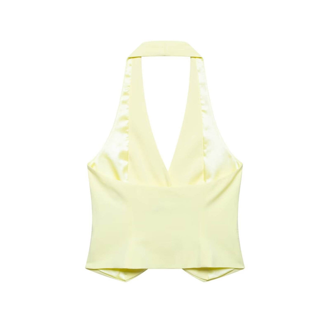 Camryn Beige Halter Neck Button Down Vest Top