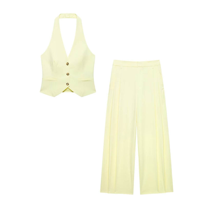 Camryn Beige High Waist  Zipper Fly Wide Leg Trouser