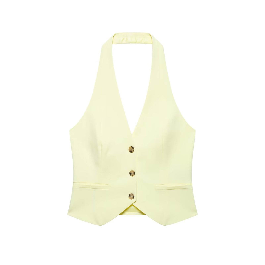 Camryn Beige Halter Neck Button Down Vest Top