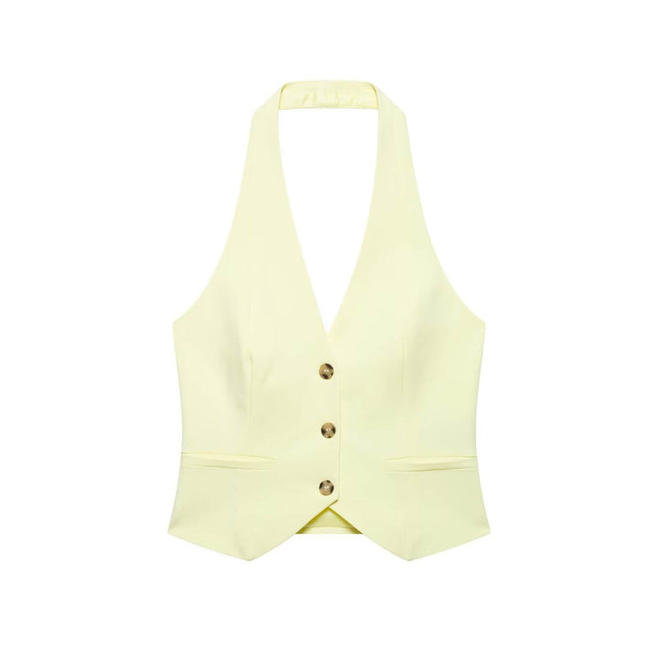 Camryn Beige Halter Neck Button Down Vest Top