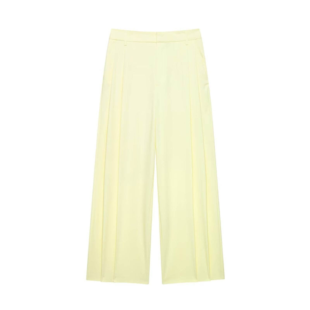 Camryn Beige High Waist  Zipper Fly Wide Leg Trouser
