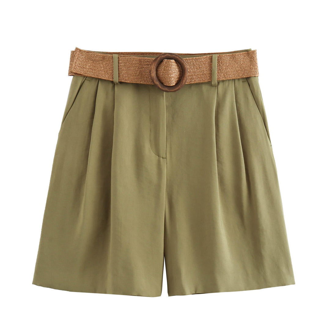 Annalise Green High Waist Slim Loose Wide Leg Pleated  With Belt Short