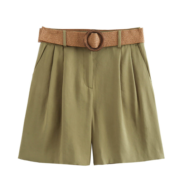 Annalise Green High Waist Slim Loose Wide Leg Pleated  With Belt Short