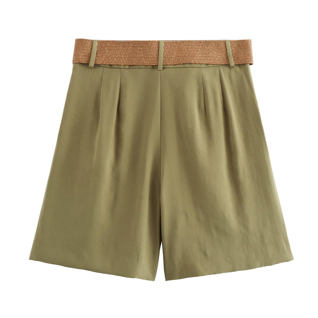 Annalise Green High Waist Slim Loose Wide Leg Pleated  With Belt Short