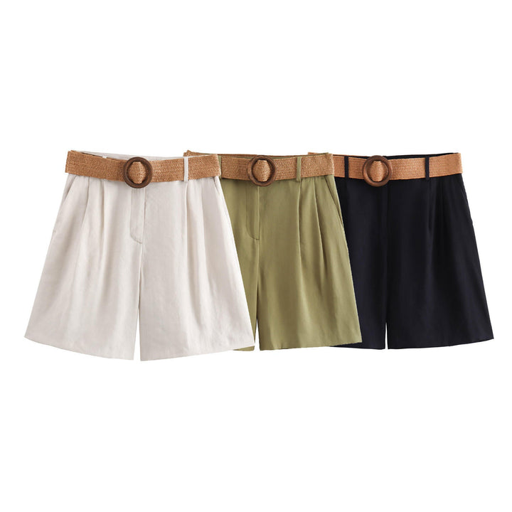 Annalise Green High Waist Slim Loose Wide Leg Pleated  With Belt Short