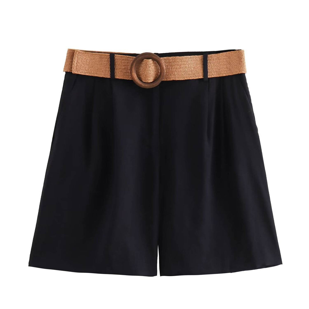 Annalise Black High Waist Slim Loose Wide Leg Pleated  With Belt Short