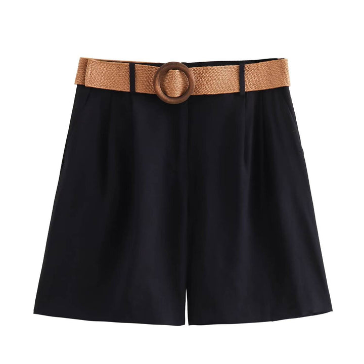 Annalise Black High Waist Slim Loose Wide Leg Pleated  With Belt Short