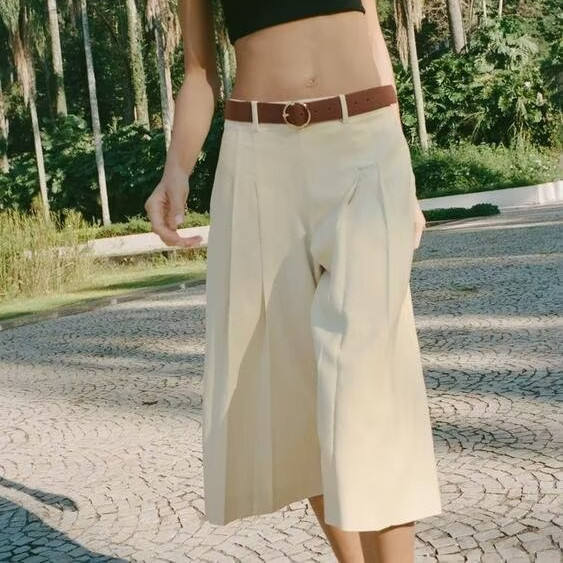 Alia Beige  Pleated Sashes Casual Midi Short