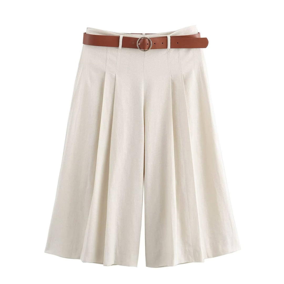 Alia Beige  Pleated Sashes Casual Midi Short