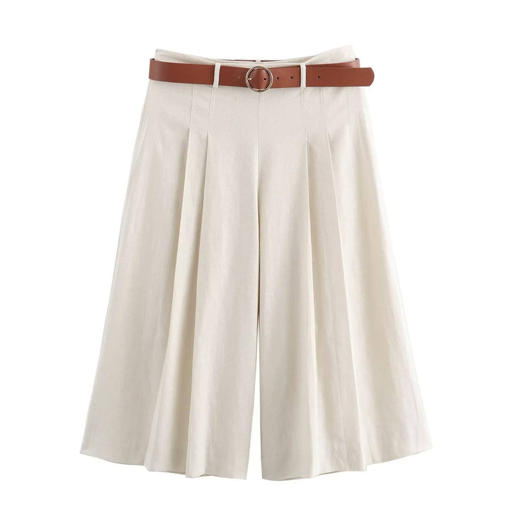 Alia Beige  Pleated Sashes Casual Midi Short