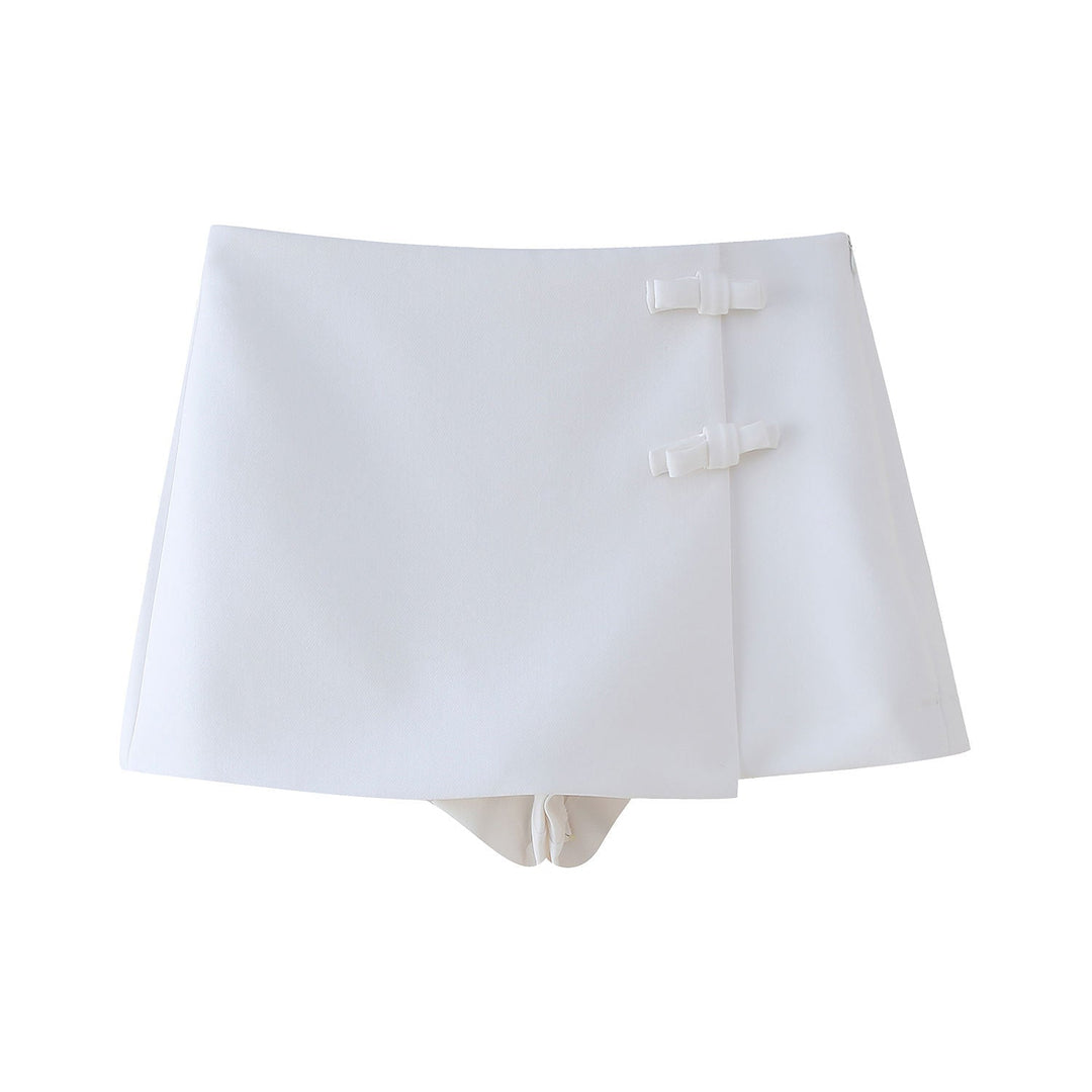 Lexi White Ties Bow Shorts Skirts Vintage Mid-rise Side Zipper  Skort