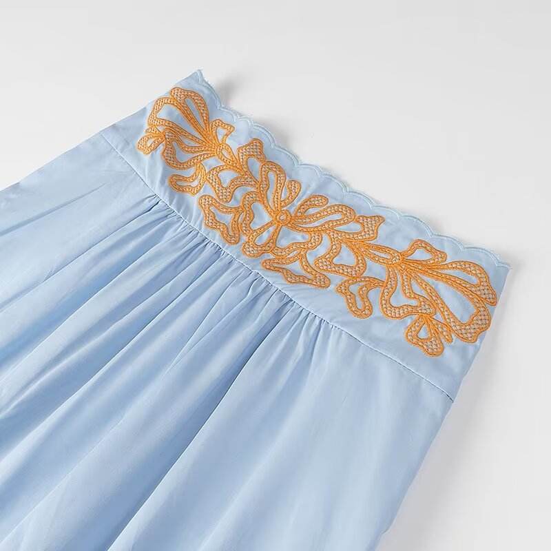 Jream Blue Orange Spaghetti Strap Embroidery Crop Tank Top Long Skirt  2 Piece Set