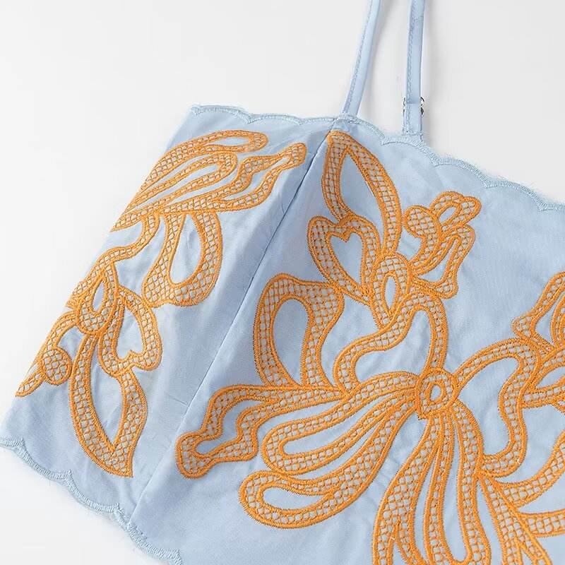 Jream Blue Orange Spaghetti Strap Embroidery Crop Tank Top Long Skirt  2 Piece Set