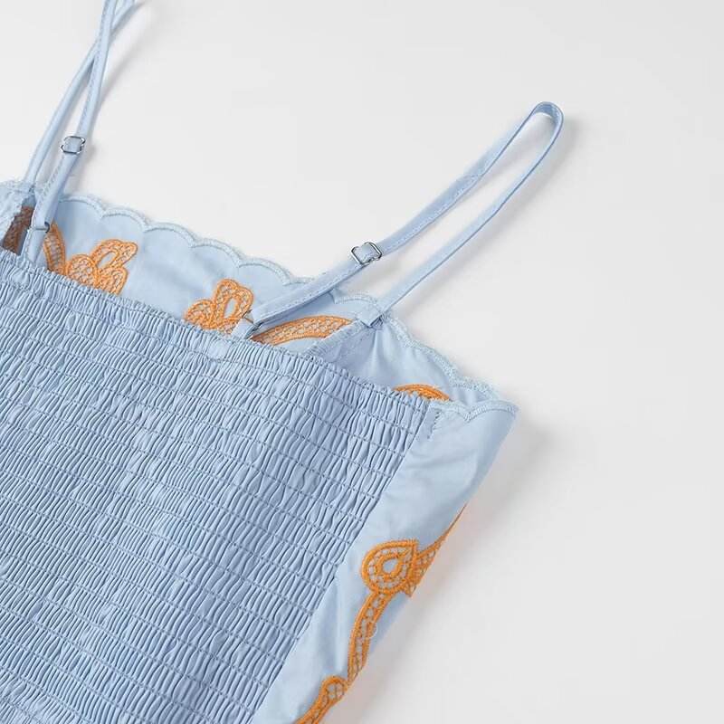 Jream Blue Orange Spaghetti Strap Embroidery Crop Tank Top Long Skirt  2 Piece Set