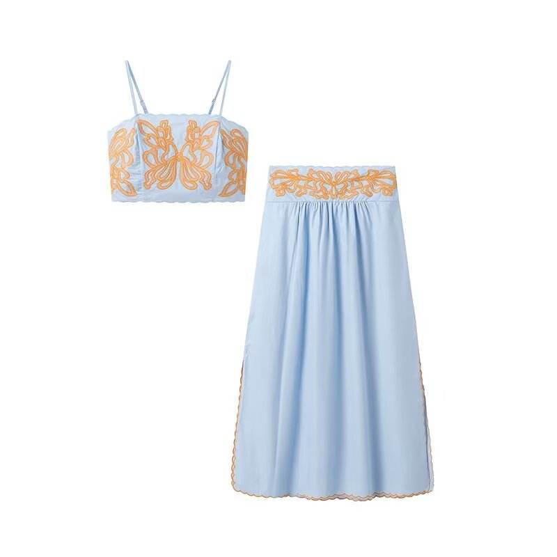 Jream Blue Orange Spaghetti Strap Embroidery Crop Tank Top Long Skirt  2 Piece Set
