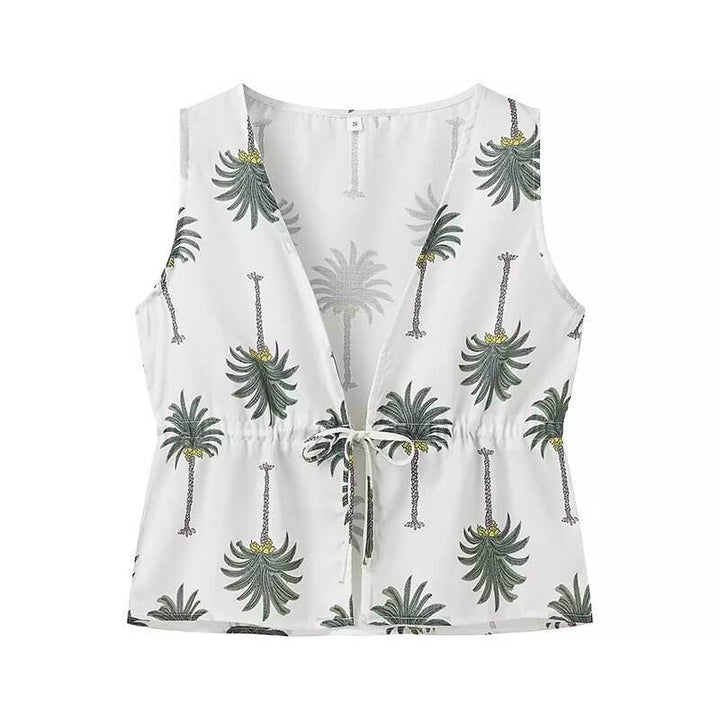 Sevyn White Green V Neck Floral Print  Vest Drawstring Waist Long Pants Trouser Set
