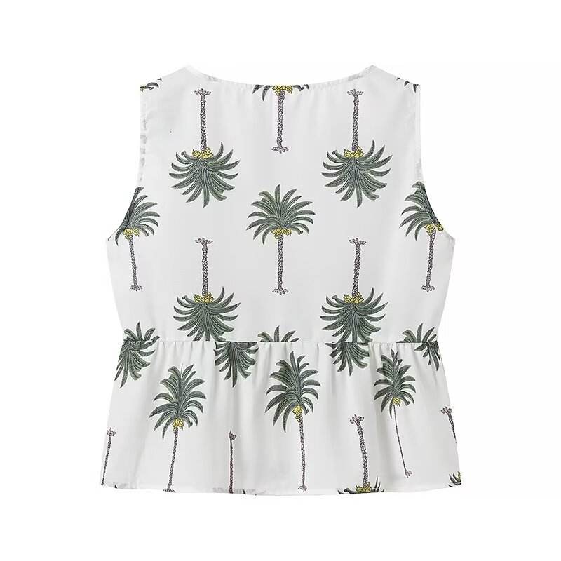 Sevyn White Green V Neck Floral Print  Vest Drawstring Waist Long Pants Trouser Set