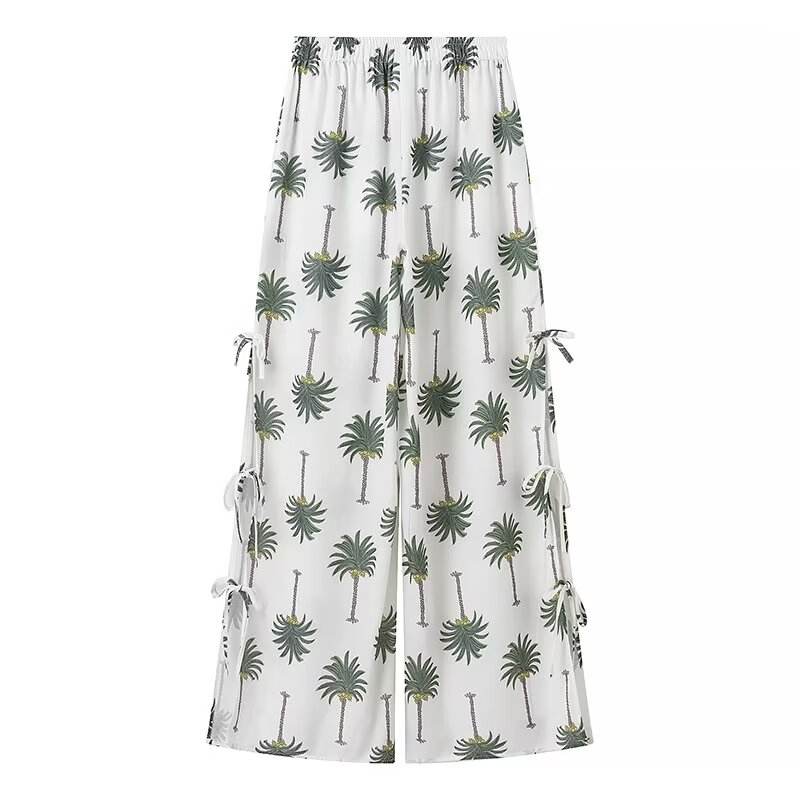 Sevyn White Green V Neck Floral Print  Vest Drawstring Waist Long Pants Trouser Set