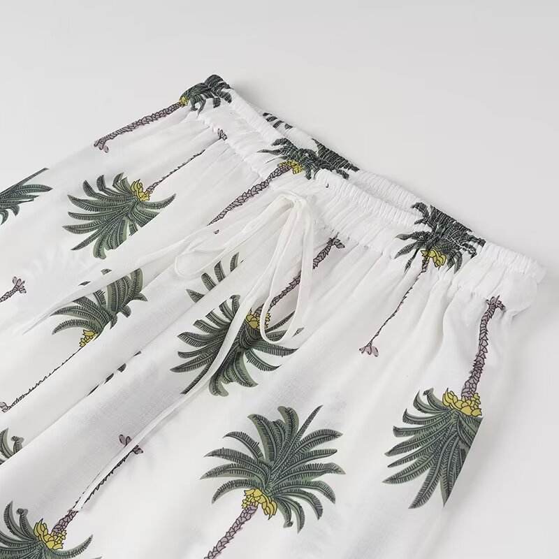 Sevyn White Green V Neck Floral Print  Vest Drawstring Waist Long Pants Trouser Set
