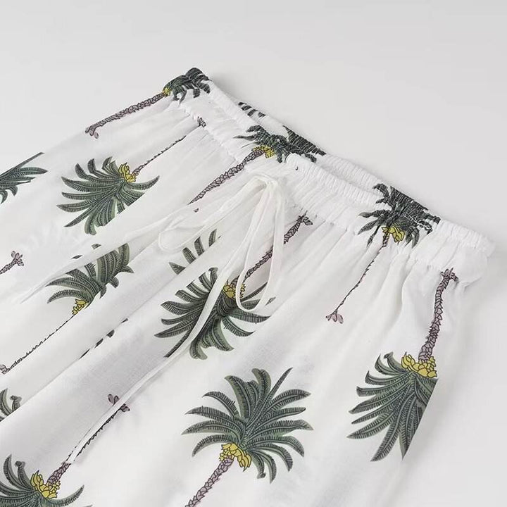 Sevyn White Green V Neck Floral Print  Vest Drawstring Waist Long Pants Trouser Set