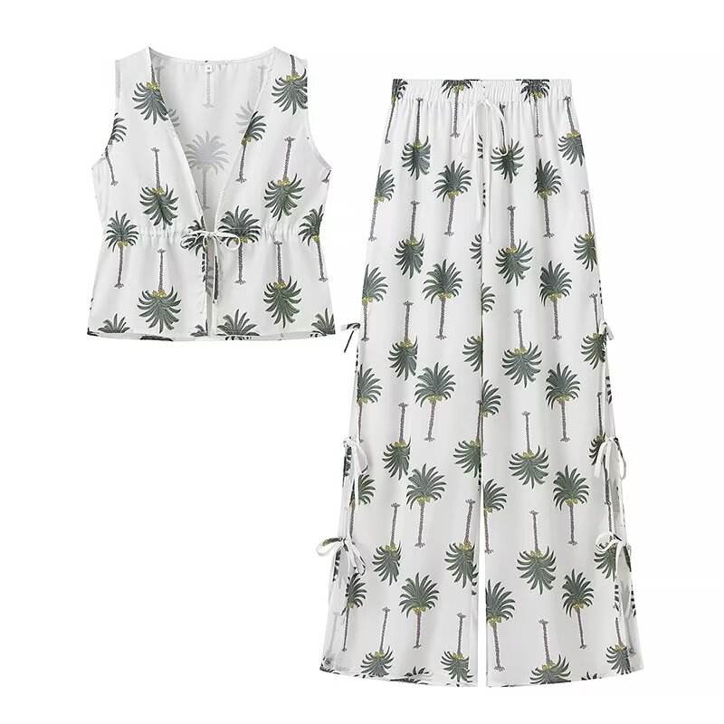 Sevyn White Green V Neck Floral Print  Vest Drawstring Waist Long Pants Trouser Set