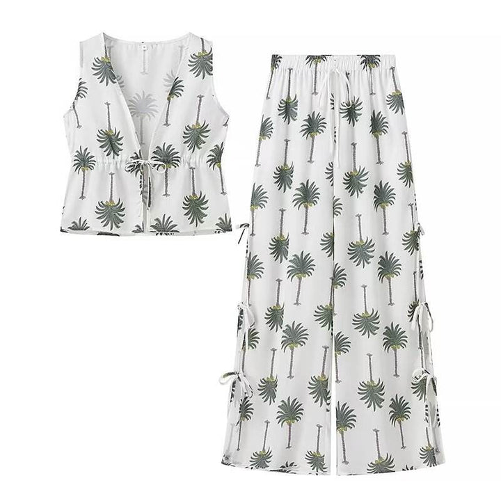 Sevyn White Green V Neck Floral Print  Vest Drawstring Waist Long Pants Trouser Set