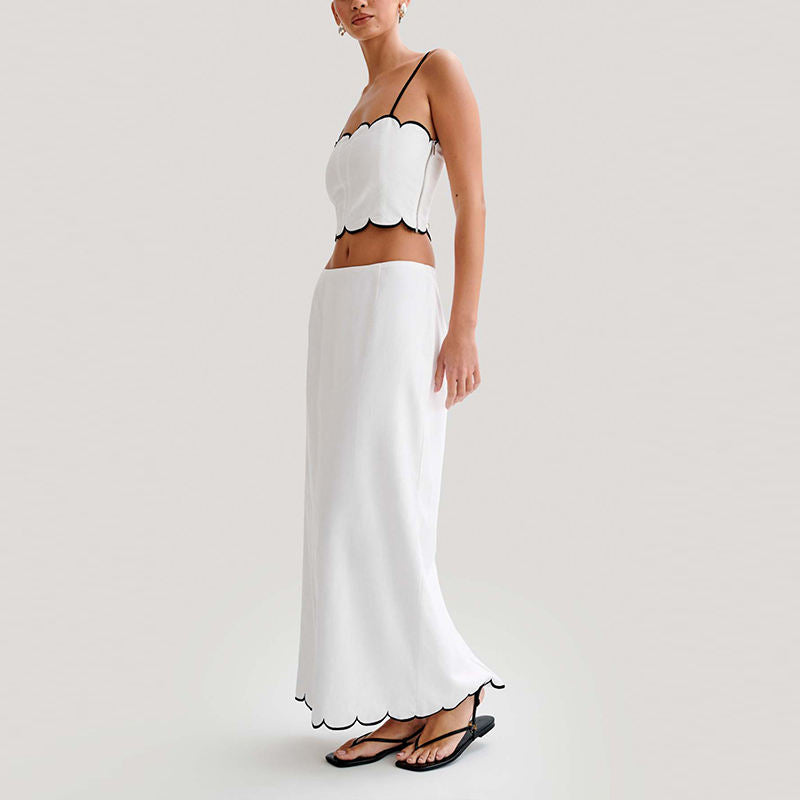Jolene White Spaghetti Strap Crop Tank Top Zipper Fly Long Skirt  Piece Set