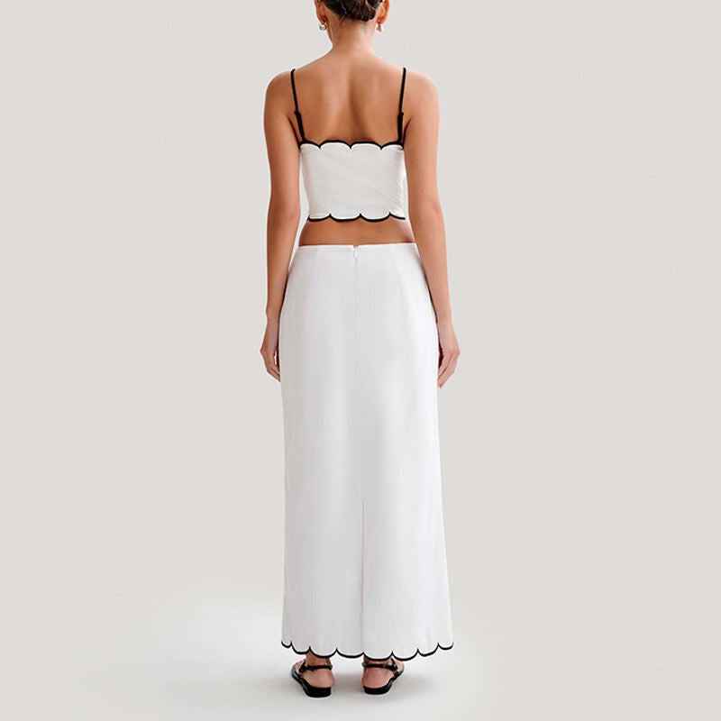 Jolene White Spaghetti Strap Crop Tank Top Zipper Fly Long Skirt  Piece Set