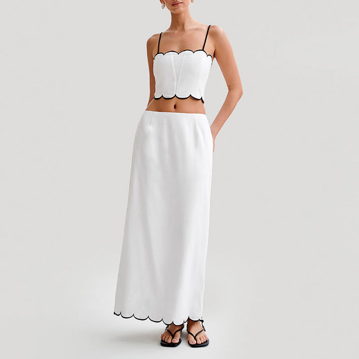 Jolene White Spaghetti Strap Crop Tank Top Zipper Fly Long Skirt  Piece Set