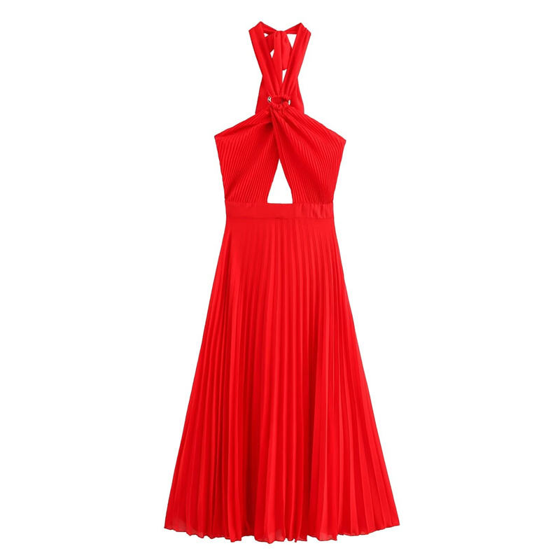 Brigid Red Halter Neck Pleated Midi Dress