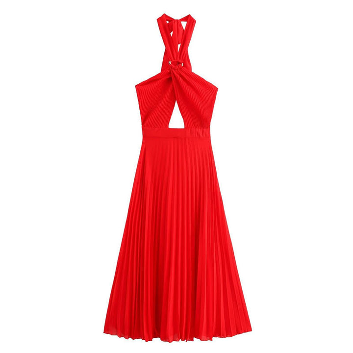 Brigid Red Halter Neck Pleated Midi Dress