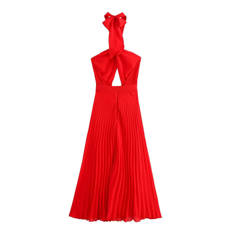 Brigid Red Halter Neck Pleated Midi Dress
