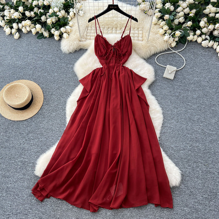 Horus Red Hollow Out Lace Slim Casual Midi Dress