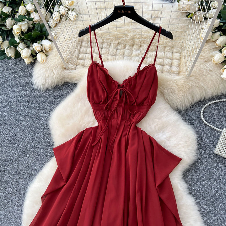 Horus Red Hollow Out Lace Slim Casual Midi Dress