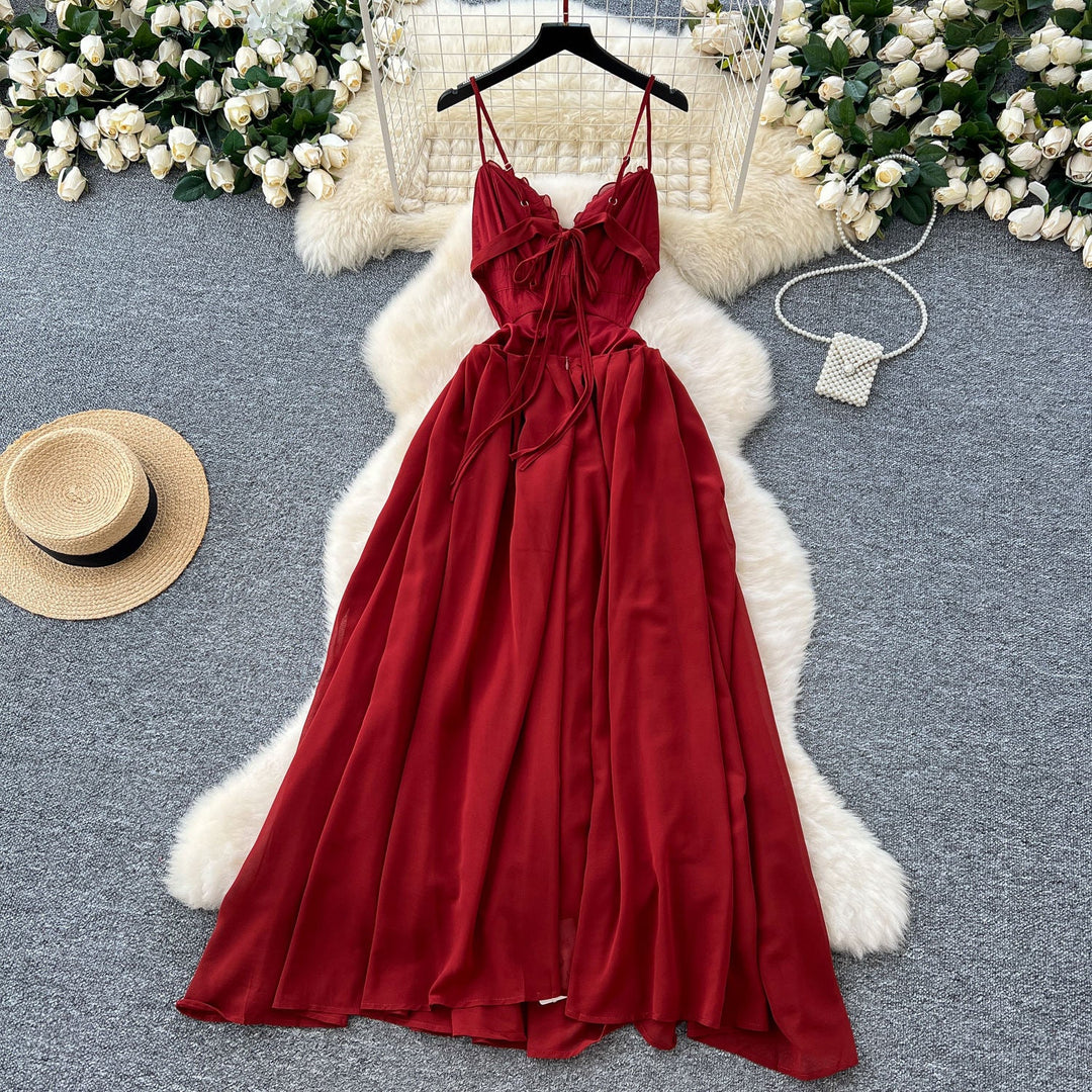Horus Red Hollow Out Lace Slim Casual Midi Dress