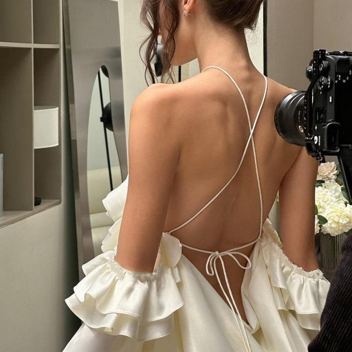 Pan Cream Halter Long Sleeved High Waisted Camisole Mini Dress