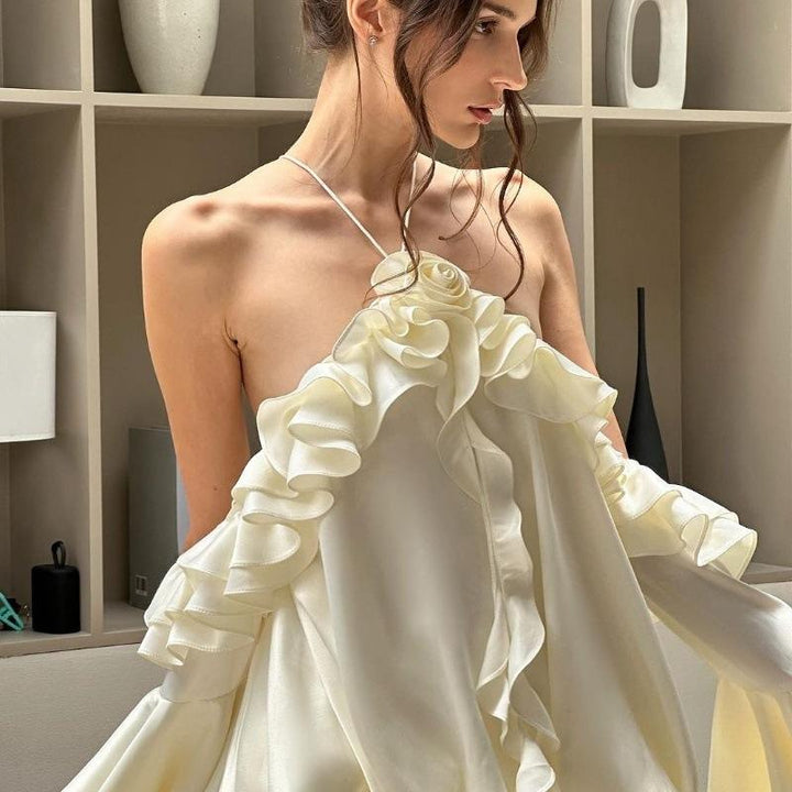 Pan Cream Halter Long Sleeved High Waisted Camisole Mini Dress