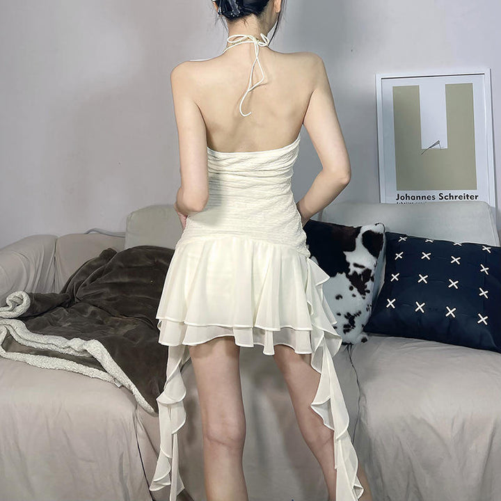 Isis Cream Halter Neck Ruffled Mini Dress