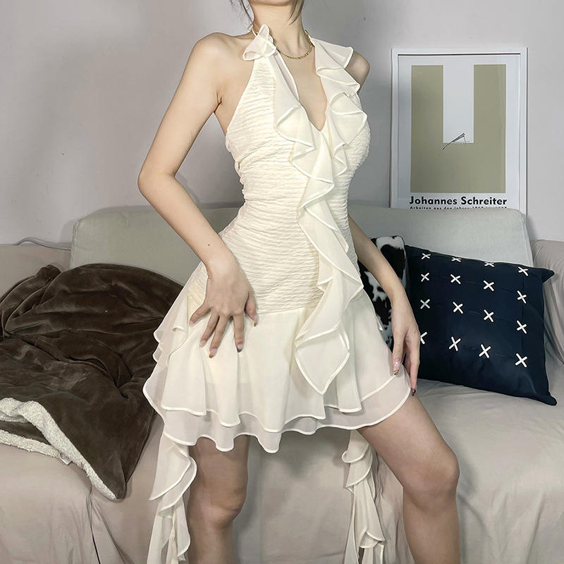 Isis Cream Halter Neck Ruffled Mini Dress
