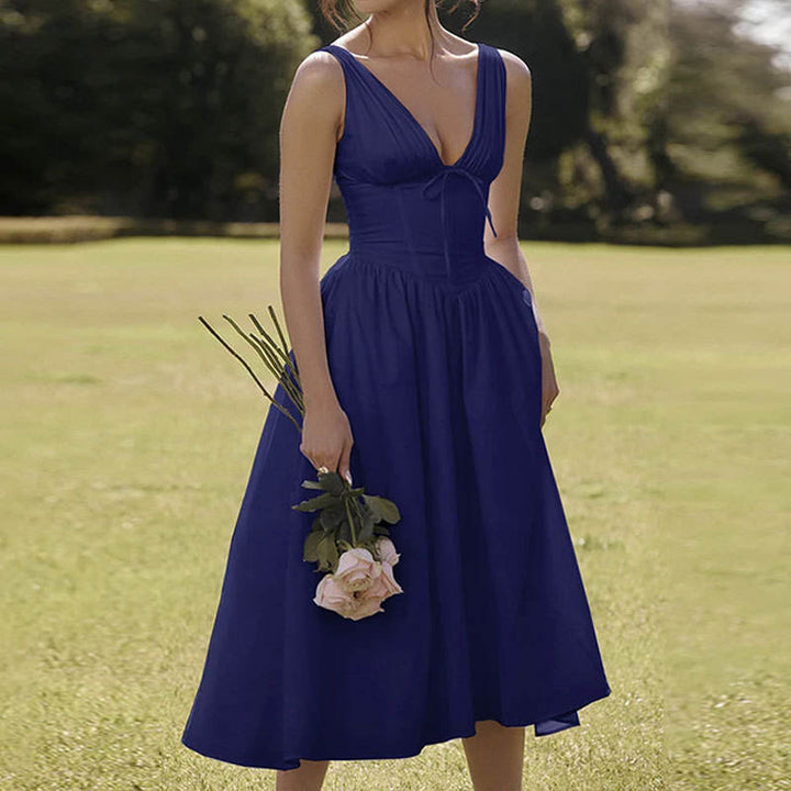 Odin Blue V Neck A-Line Pleated Midi Dress