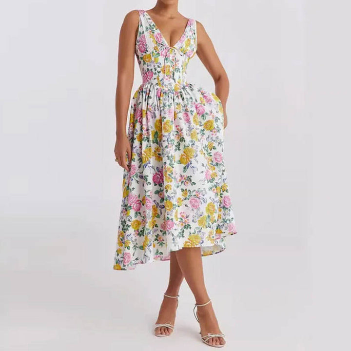 Odin Multicolor Floral V Neck A-Line Pleated Midi Dress