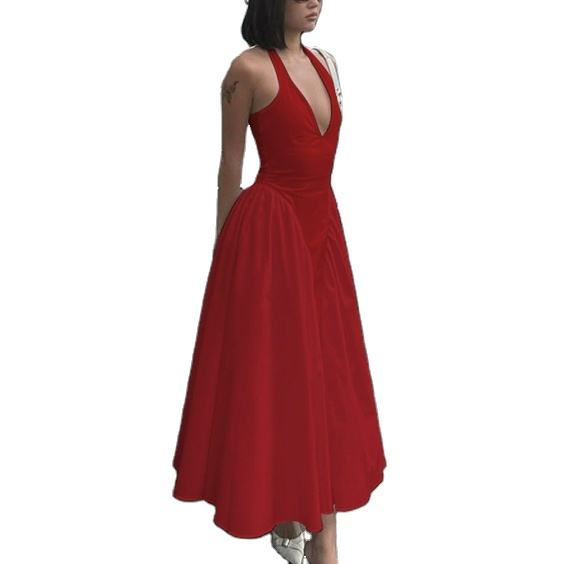 Dionysis Red Halter Neck  Pleated Midi Dress