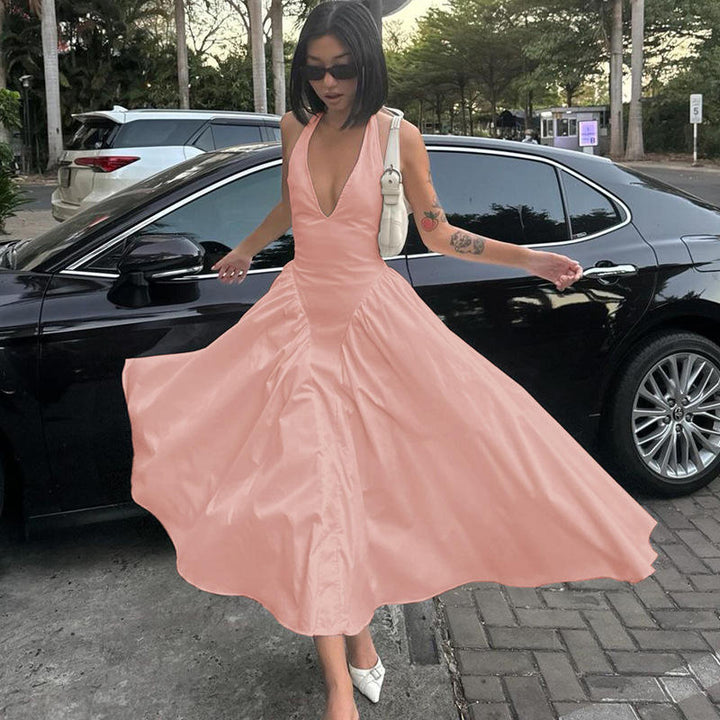 Dionysis Pink Halter Neck  Pleated Midi Dress