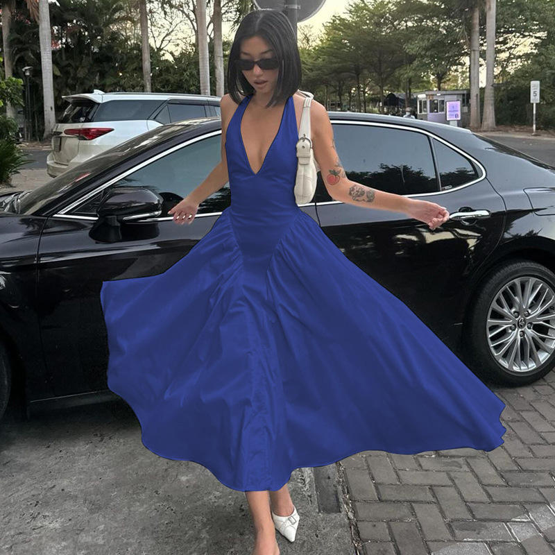 Dionysis Blue Halter Neck  Pleated Midi Dress