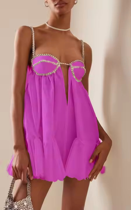 Jesse Fuschia Pink Sleeveless Chain Pleated Mini Dress