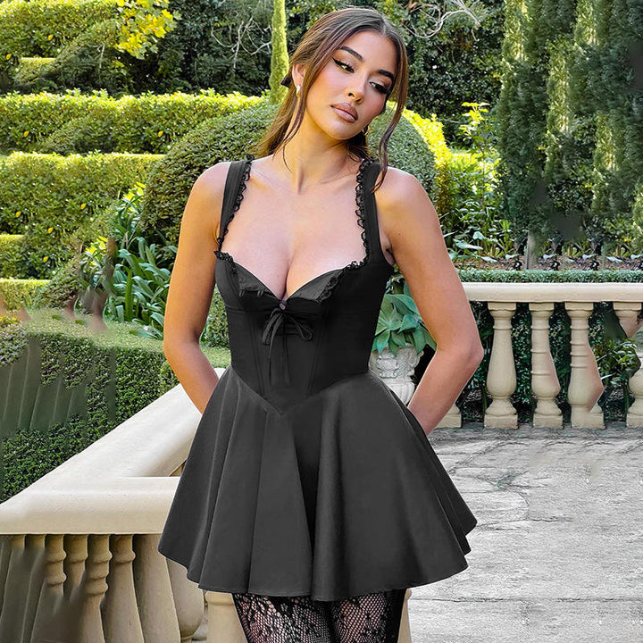 Grady Black Sleeveless Lace Pleated Mini Dress